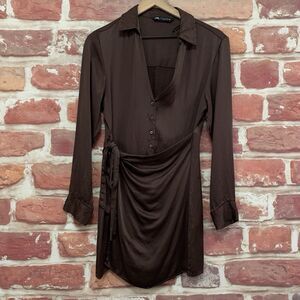 Zara Dress Women's Medium Brown Satin Hammered Trim Accent Wrap Tie Button Front